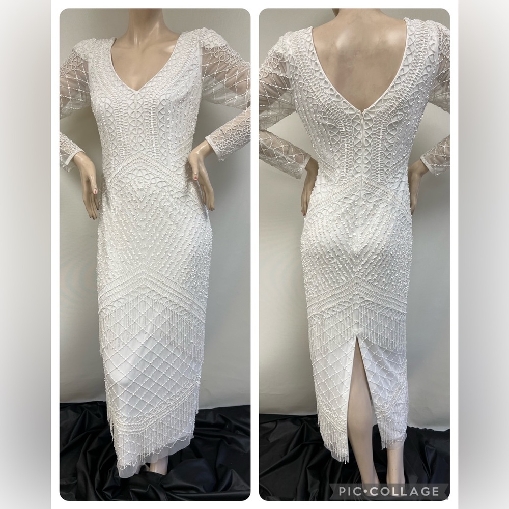 Aidan Mattox beaded with fringes long sleeves MIDI V-Neck gown